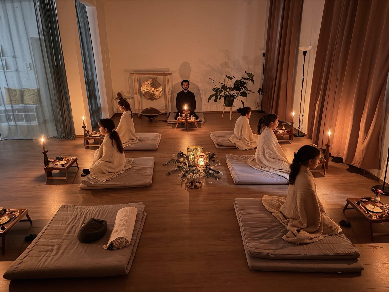 Meditationsraum mit Kindern im warmen Licht
